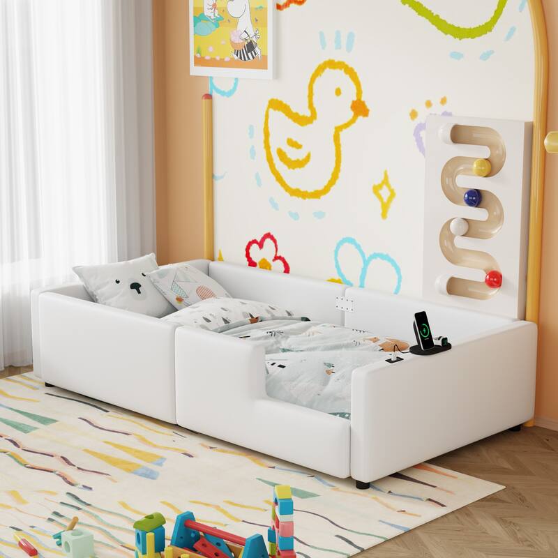 Roomfitters Twin Size Upholstered Floor Bed with USB Charging Ports and High Guardrails, Modern Padded Bed Frame - White