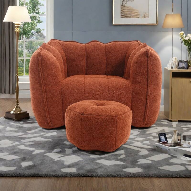 Chenille Bean Bag Chair Sets with Footstool and High-Resilience Foam - Red+Brown