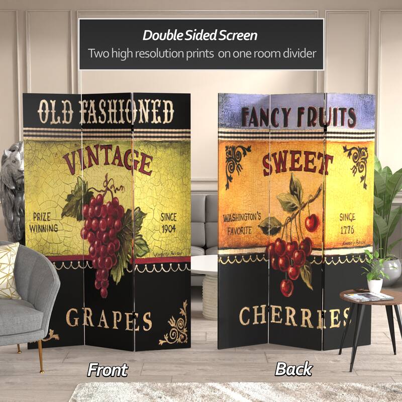 Handmade Canvas Double-sided Grapes and Cherries Room Divider (China)