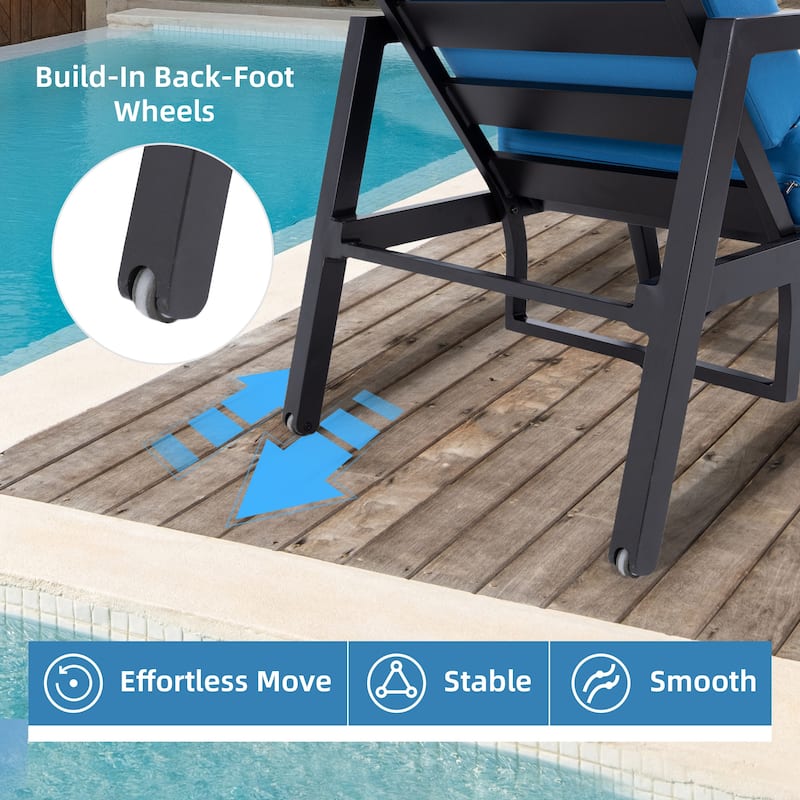 3-Piece Patio Chaise Lounge Set - 2 Aluminum Recliners & End Table, Wheels, Adjustable Back, Sunbrella, Ember Black