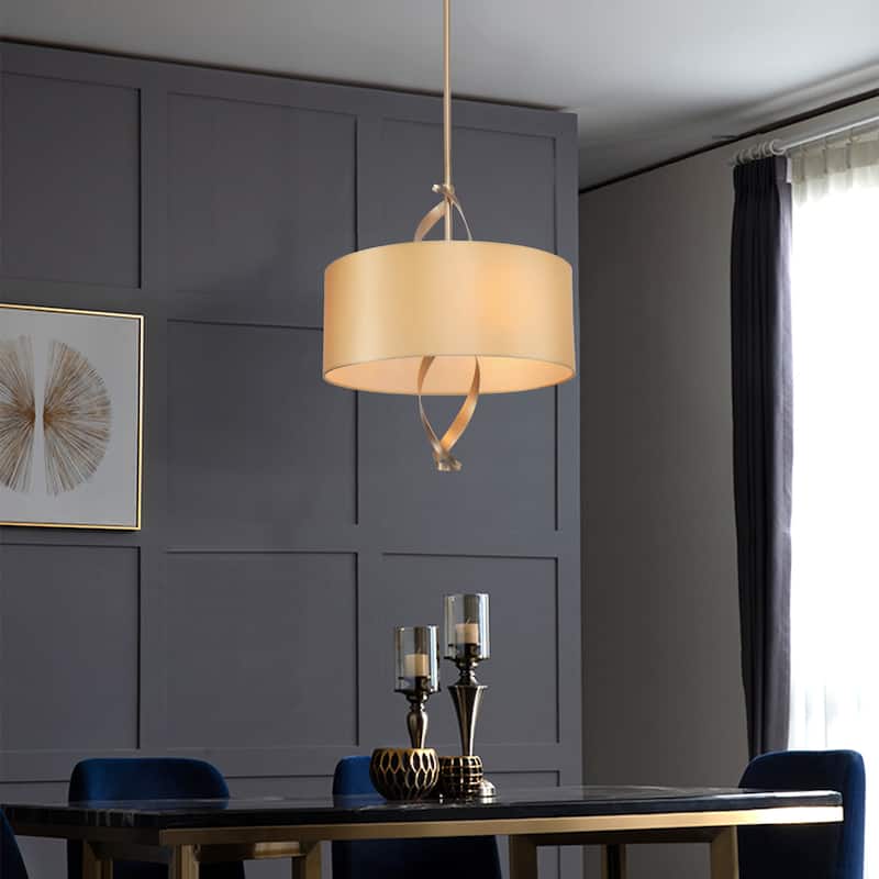 Mid-century Modern Gold Drum Chandelier Dining Room lights with Fabric Shade - D15.5"x H 23.5"