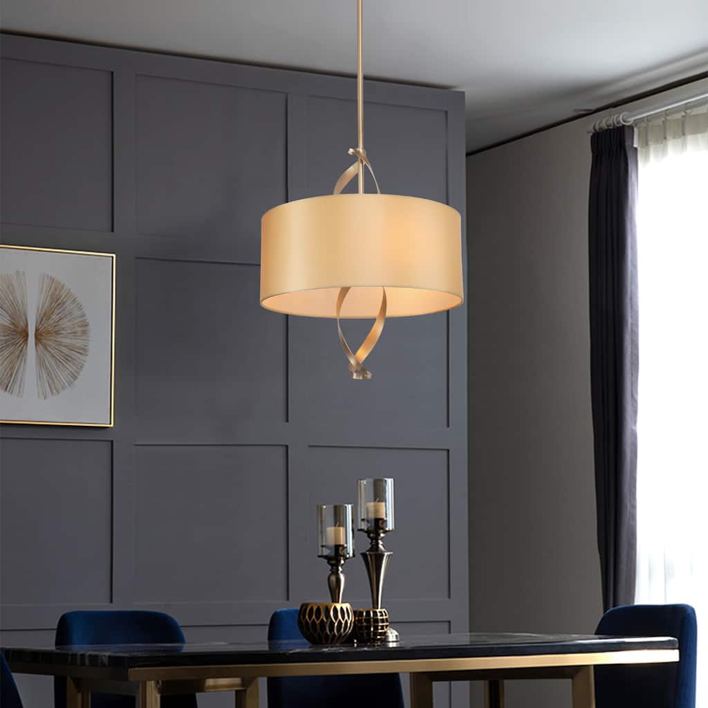 Mid-century Modern Gold Drum Chandelier Dining Room lights with Fabric Shade - D15.5"x H 23.5"