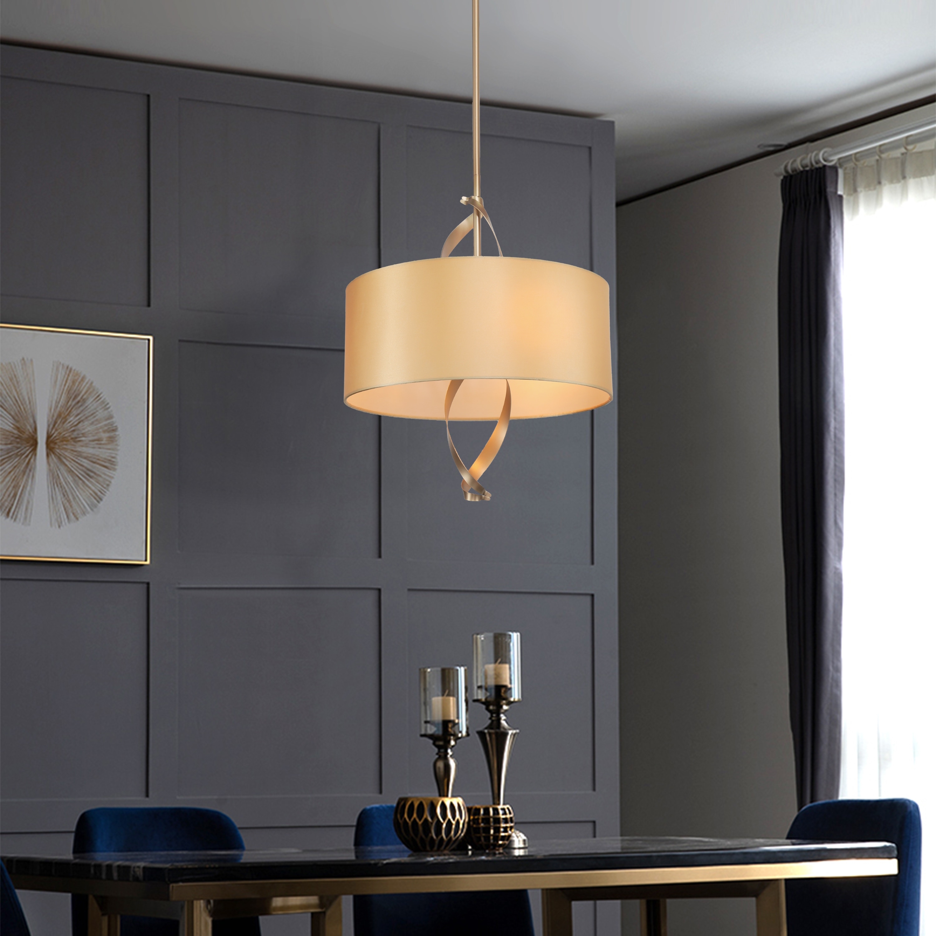Mid-century Modern Gold Drum Chandelier Dining Room lights with Fabric Shade - D15.5"x H 23.5"