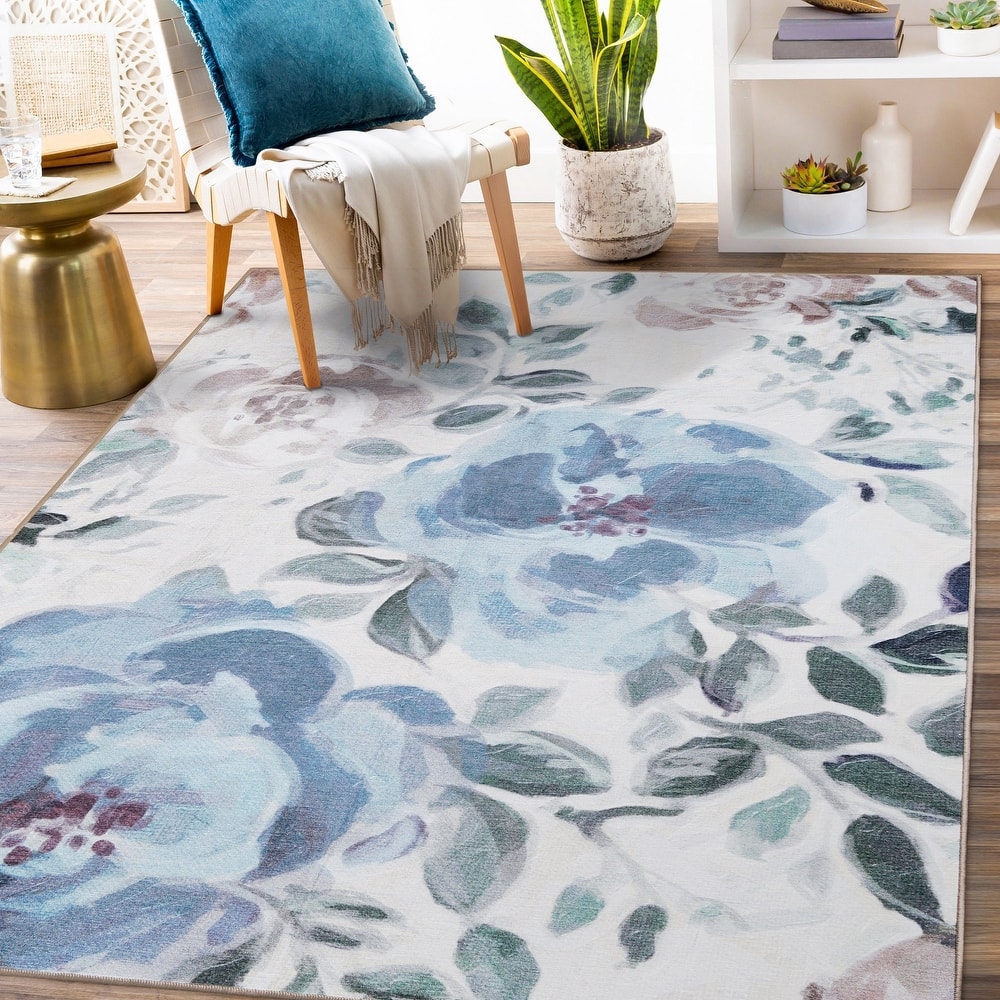 My Magic Carpet Sasha Floral Cream Blue Machine Washable Rug