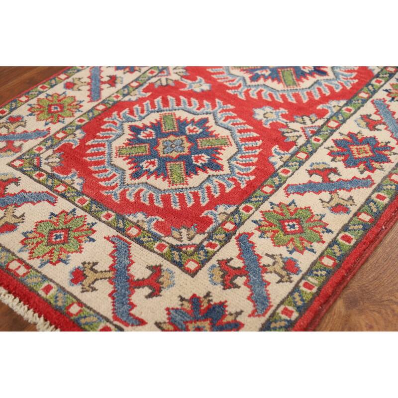 Red Geometric Kazak Oriental Accent Foyer Rug Hand-Knotted Wool Carpet - 2'0"x 3'0"