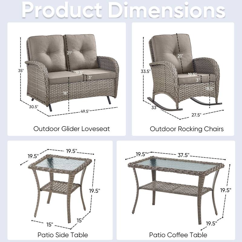Outdoor Glider Sofa Rocker Chairs Table Grey-Grey - Grey
