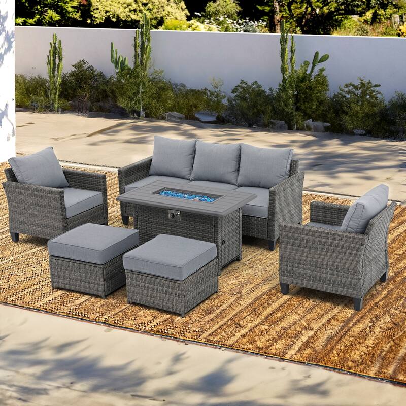 Outdoor 6 Pieces Wicker Sectional Sofa Set with Fire Pit Table - Grey