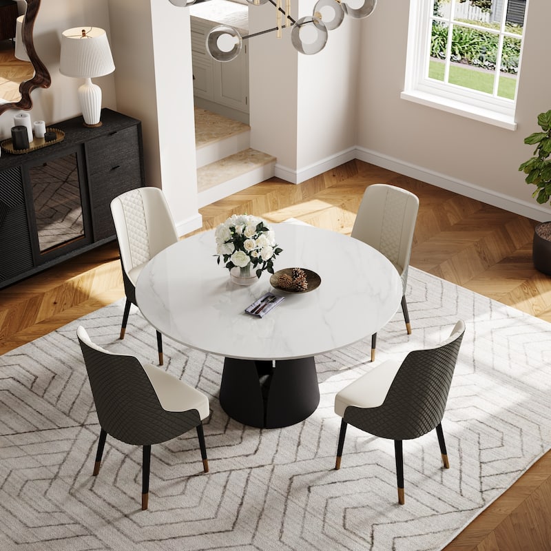Modern Round White Dining Table, Matte Sintered Stone Tabletop, Solid Black Carbon Steel Base - 47.24" - White
