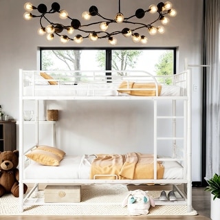 Full Over Full Metal Bunk Bed with Shelf and Guardrails, Separate Into 2 Twin Beds
