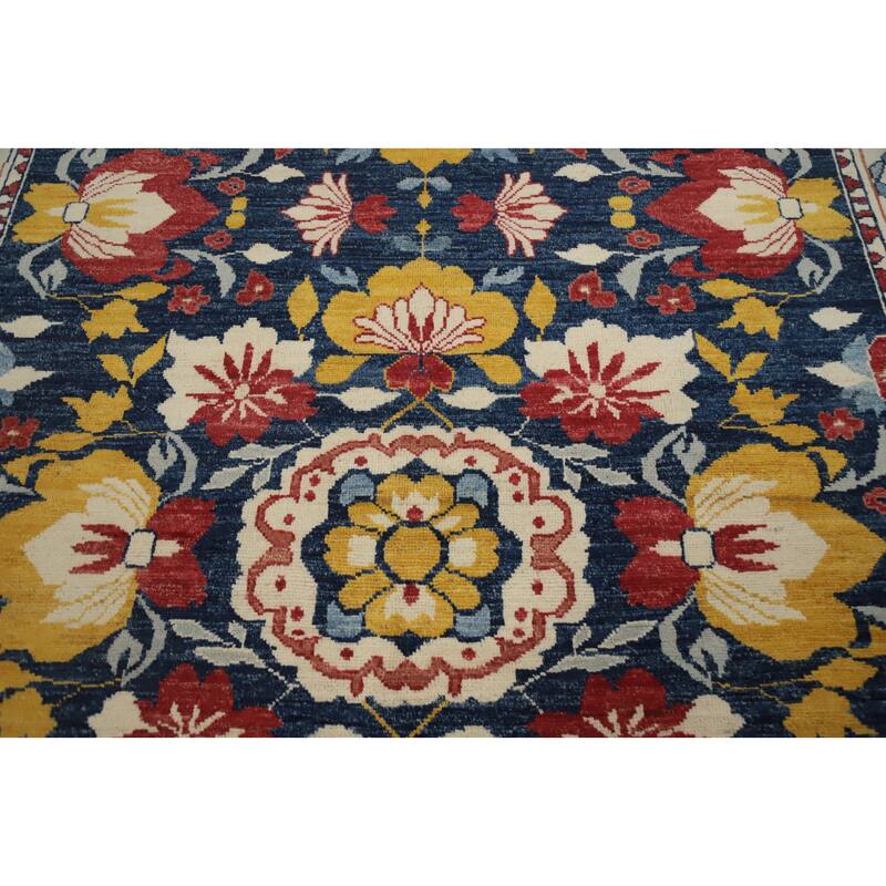 Hand Knotted Oriental 100% Wool Carpet Transitional All-Over Navy Blue & Blues Oushak Area Rug - 9' 10'' X 6' 6''
