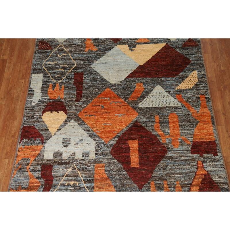 Hand Knotted Oriental 100% Wool Carpet Modern Tribal Greys & Charcoal Moroccan Area Rug - 10' 0'' X 6' 11''