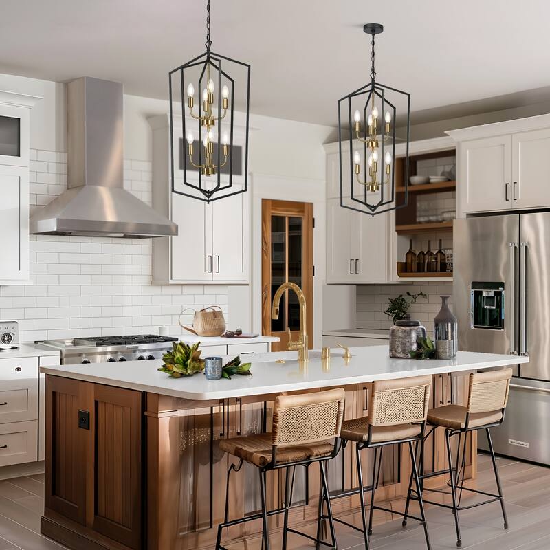 Modern 8-Light Geometric Chandelier Black Copper Lantern Pendant for Kitchen Dining Room - 17.7 " × 14.3 " × 34.3 "