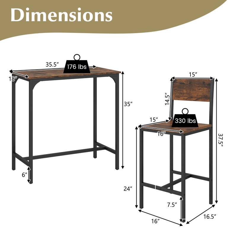 Costway 3 PCS Bar Table Set Pub Dining Table & 2 Bar Stools with - See Details