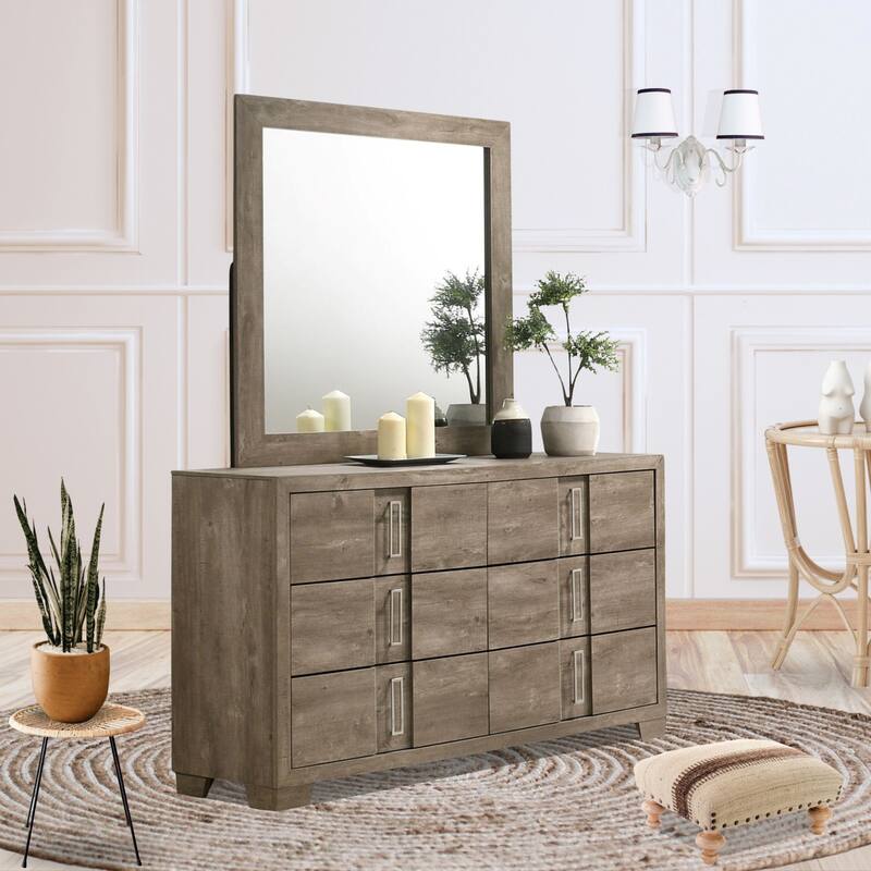 Dawson Light Brown Wood 6 Drawer Dresser with Mirror and Metal Pulls - Light Brown