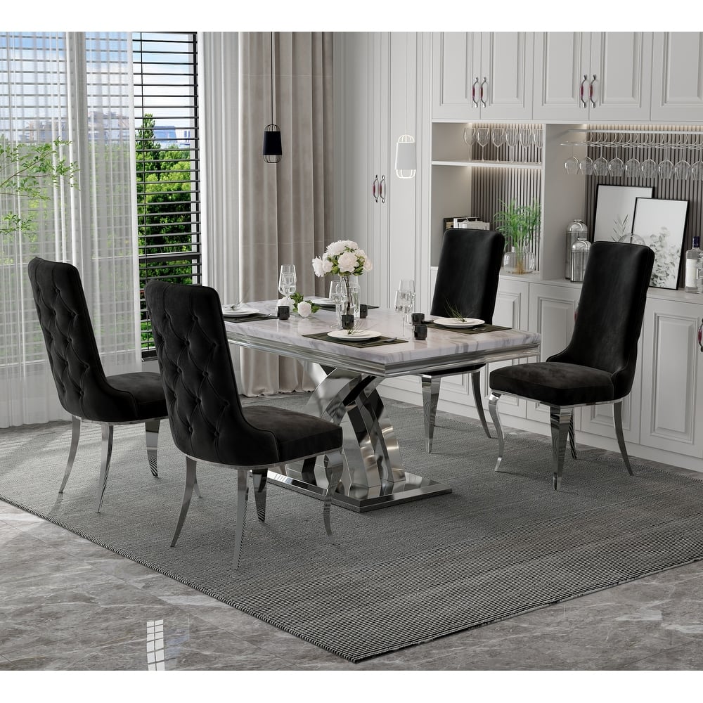 Silver Dining Room Table Set with 65 inch Table and Black Velvet Dining Chairs