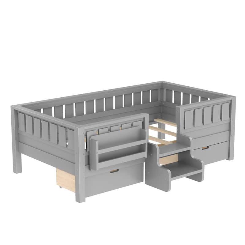 Multiple Colors Toddler Montessori Bed Children's Platform Bed with Low Profile Stairs, Built-in Bookshelf and Storage Drawers