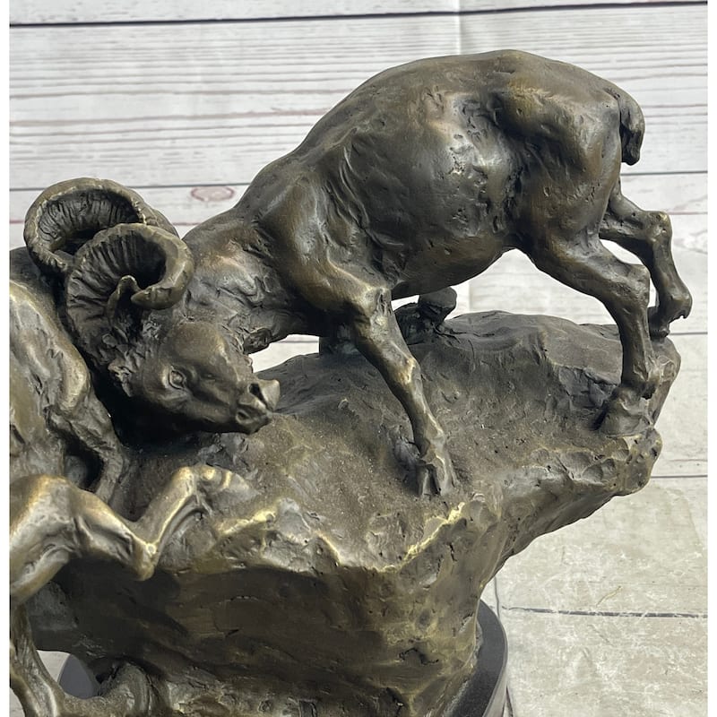 Two Rams Butting Heads Bronze Sculpture Statue Signed Art On Marble Base