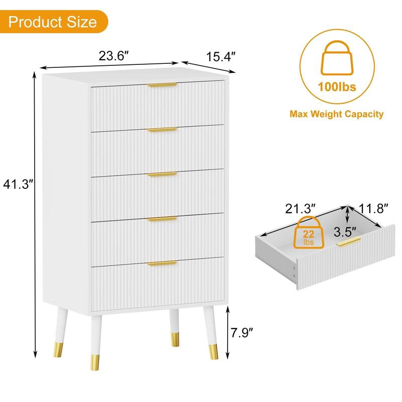 Fluted 5 Drawer Dresser, with Gold Metal Handles