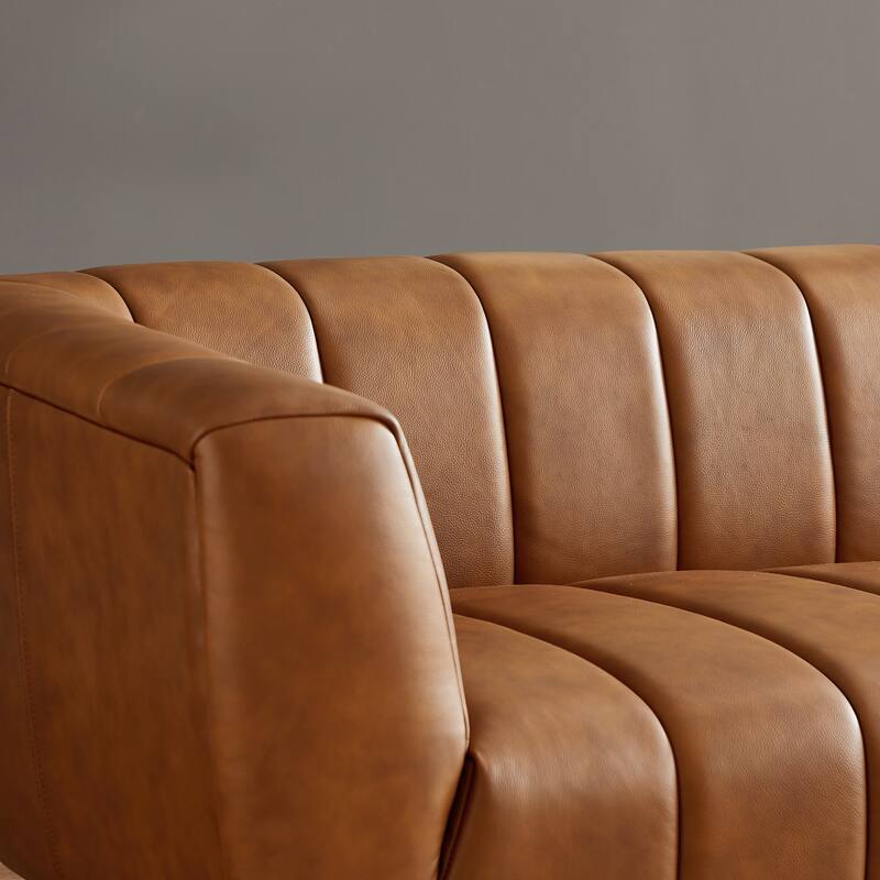 Clovis Mid Century Modern Furniture Style Upholstered Leather Couch in Cognac Color