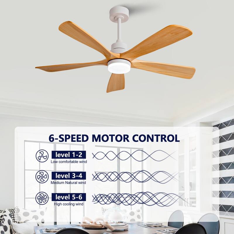 52" Ceiling Fans With Lights and Remote Control, Dimmable LED, 5 Solid Wood Blades,for Bedroom, Living Room - 52 Inches