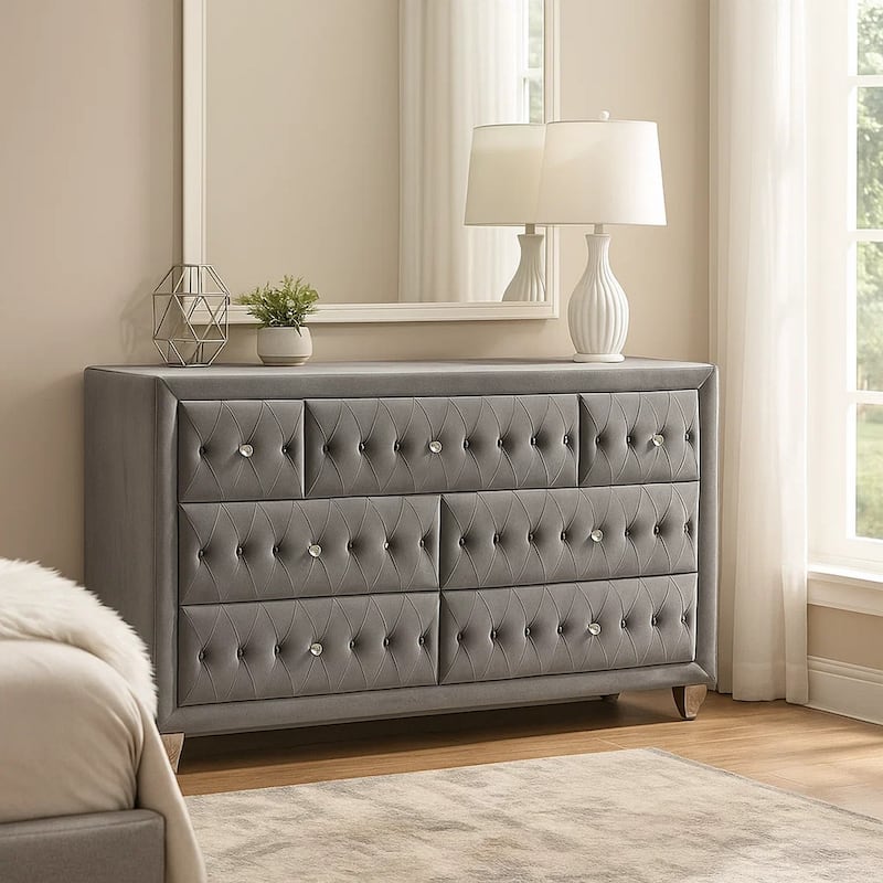 Rea Wide Dresser, 7 Drawers with Crystal Knobs, Gray Velvet Upholstery