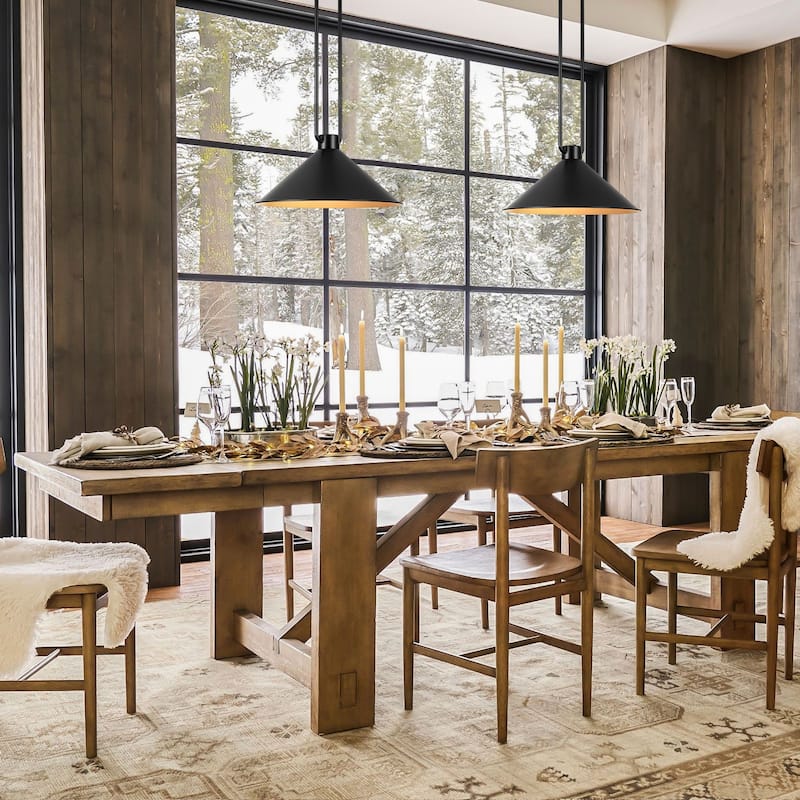 1-Light Vintage Industrial Black and Gold Interior Metal Cone Pendant Light with Adjustable Rods - 15.75 in. W x 7.48 in. H