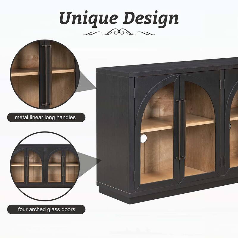 4-Door Large Storage Sideboard Buffet Cabinet with Glass Doors and Arched Design