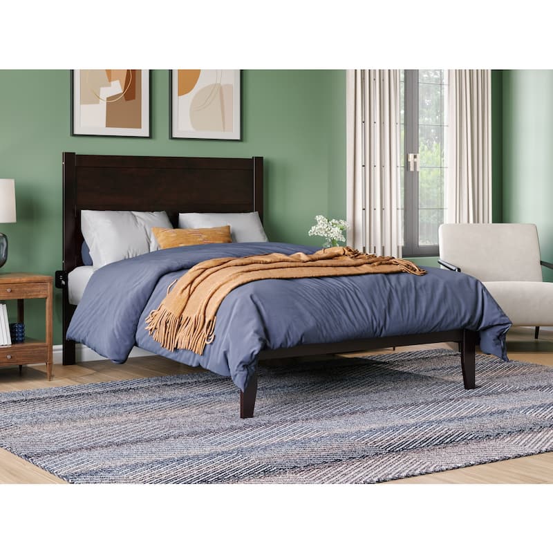 Full Bed with Charging Station - Solid Wood Platform Bed Frame, Espresso Finish, 53.5"x76"x47.625"