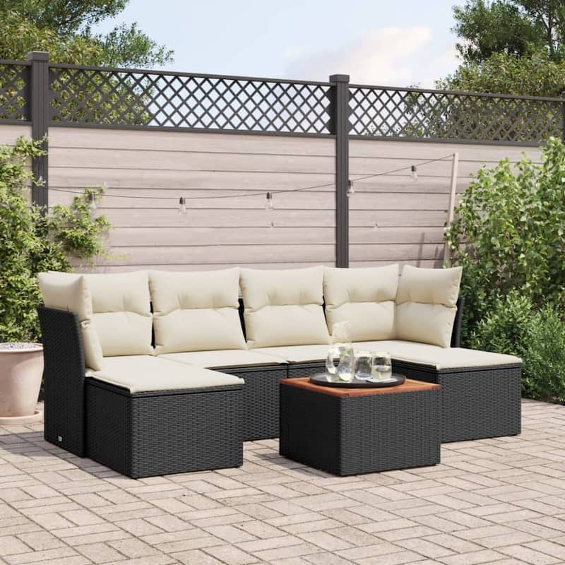 vidaXL Patio Sofa Set with Cushions Outdoor Furniture 7 Piece Poly Rattan - 24.4 x 24.4 x 27.2 - Black and Cream