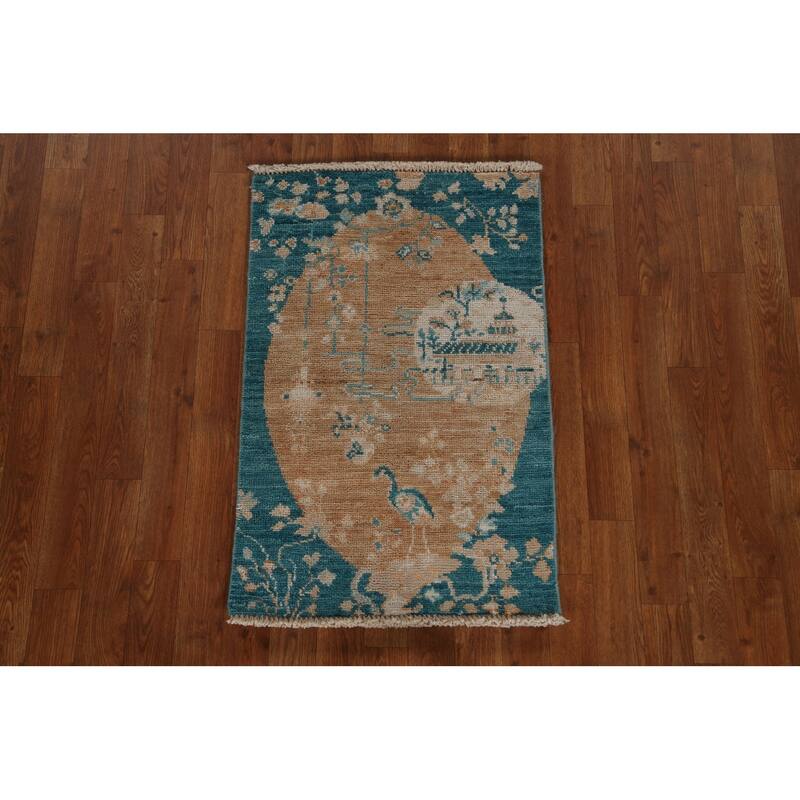Hand Knotted Oriental 100% Wool Carpet Transitional Animal Pictorial Peach Oushak Area Rug - 2' 11'' X 1' 11''