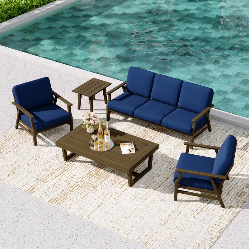 5-Piece Teak Outdoor Conversation Set with Tables. - 5-seat - Navy/Brown Wood