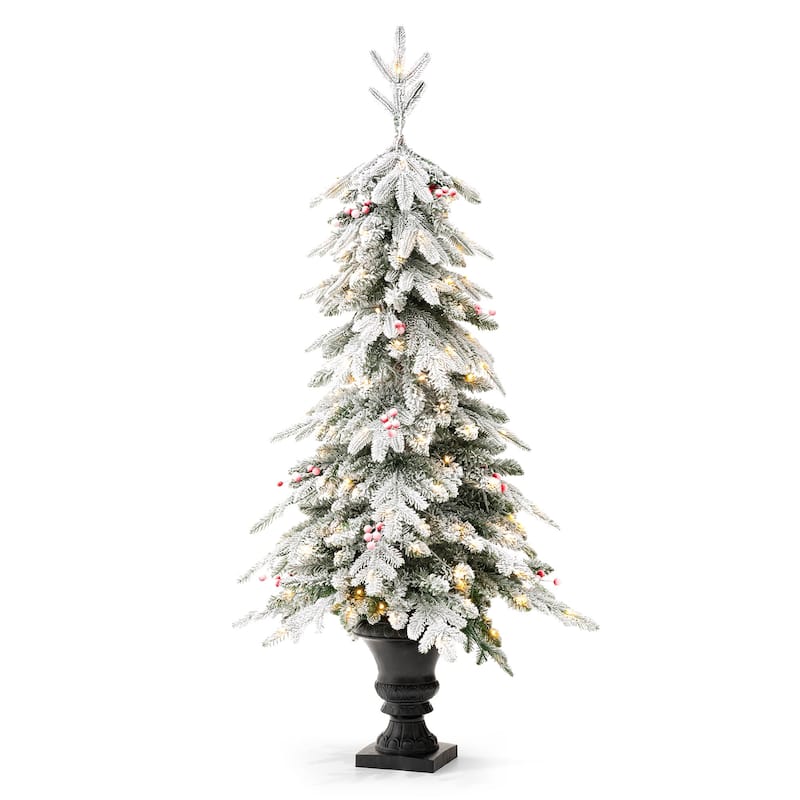 Glitzhome 4FT/5FT Pre-Lit Flocked Fir Artificial Christmas Potted Porch Trees