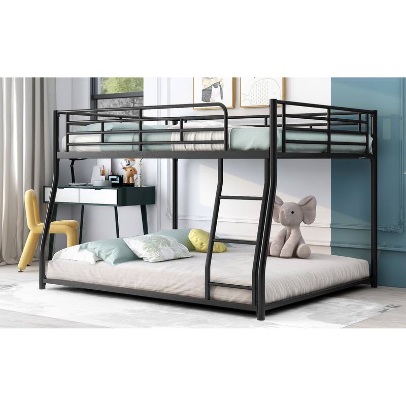 Full XL Over Queen Metal Floor Bunk Bed, Black, Space-Saving Design