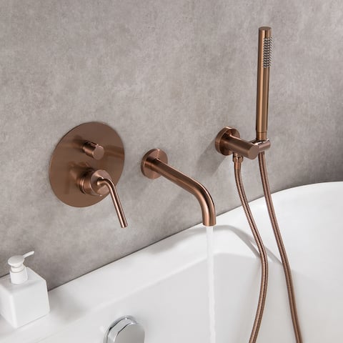 Rbrohant Brushed Rose Gold Dual-Handle Roman Bathtub Faucet w/ Hand Shower