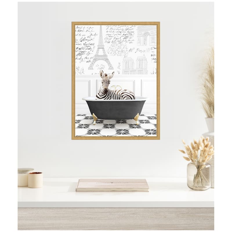 Kate and Laurel Sylvie Baby Zebra in Paris Bathtub Framed Canvas by Amy Peterson