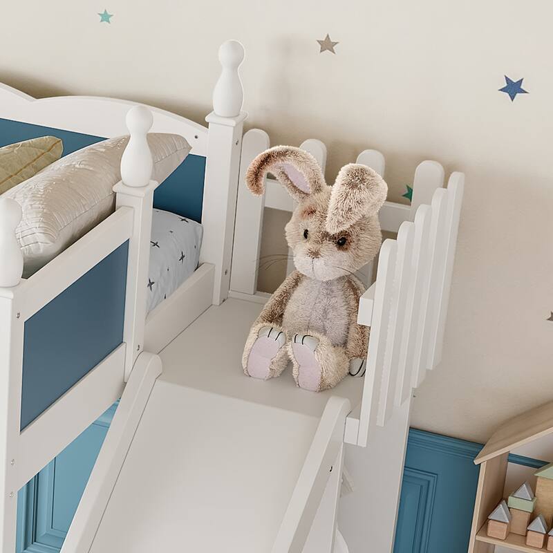 Twin Loft Bed with Storage Shelves and Wardrobe, Solid Wood Loft Beds with Detachable Slide and Ladders, No Spring Box Needed