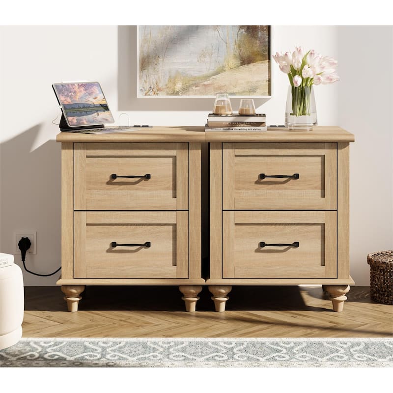 Nightstand with Charging Station, 2-Drawer End Table for Bedroom - Oak - 4-drawer