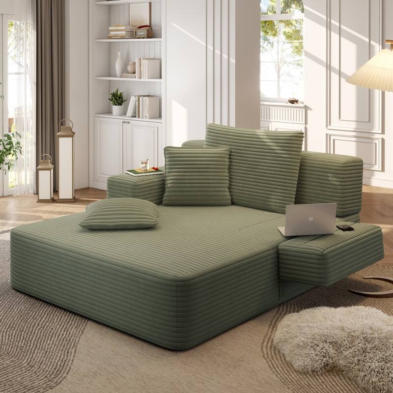 Luxurious Plush Corduroy Chaise Lounge Convertible Sofa Bed with Storage Pocket and Wide Armrests