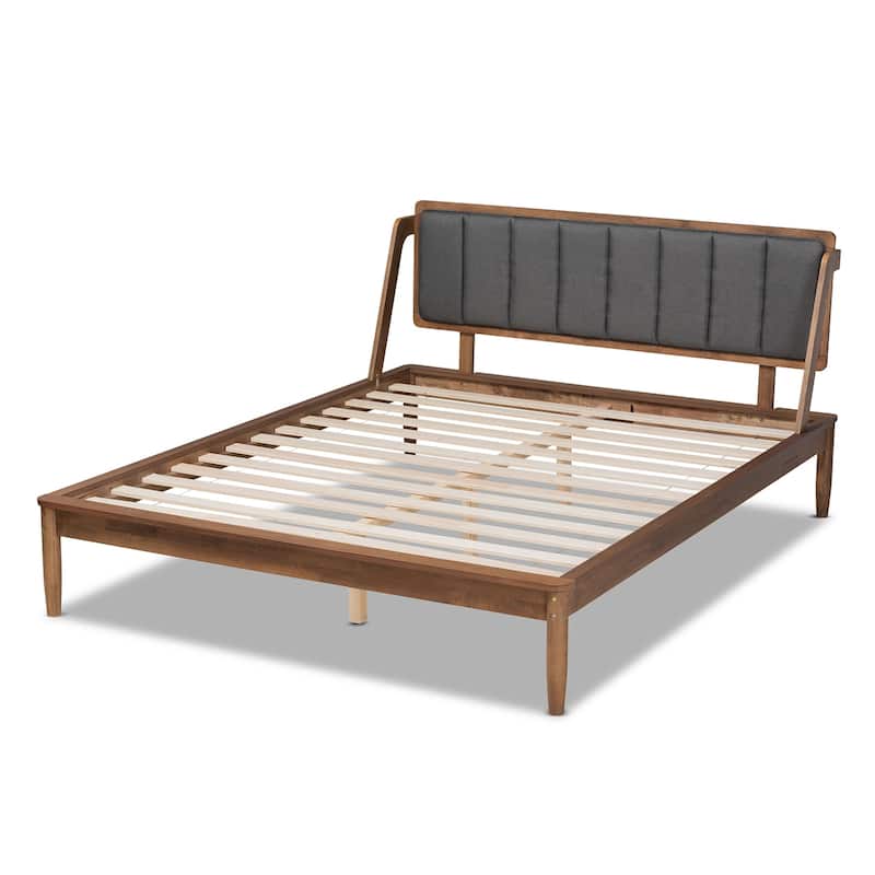 Mid-Century Modern Bed - Dark Grey Fabric & Walnut Finish - Full Size Platform Bed Frame