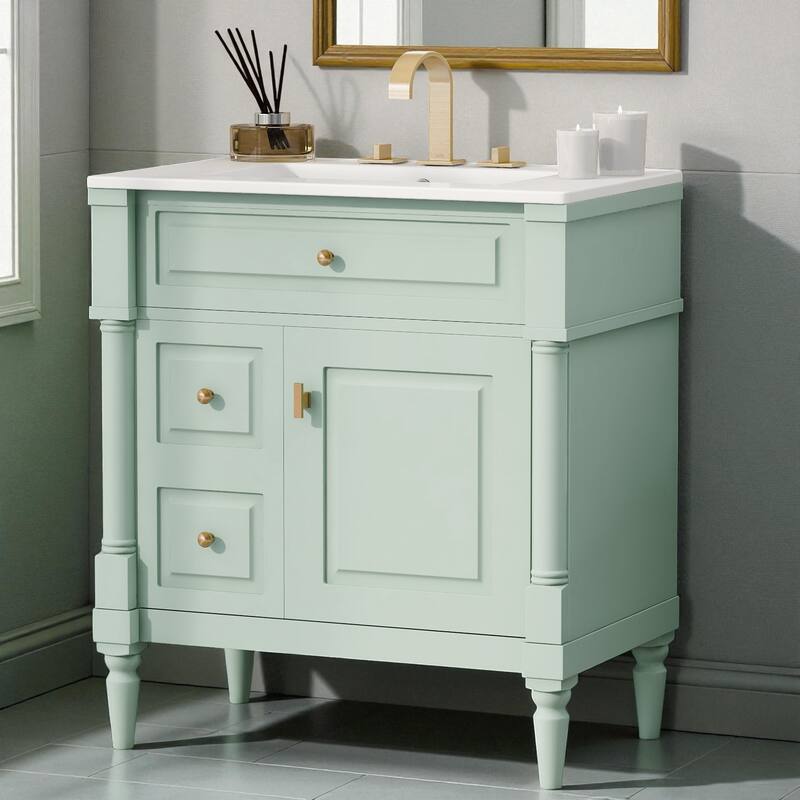 30" Freestanding Bathroom Vanity with Ceramic Sink, Solid Rubberwood Frame, Flip Drawer & Adjustable Shelf - Green