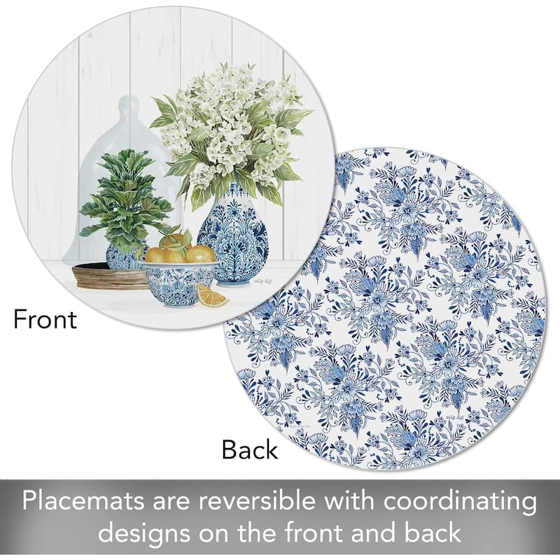 Blue & White Pottery Round Reversible Easy Care Flexible Plastic Placemat 4 Pack Made in The USA