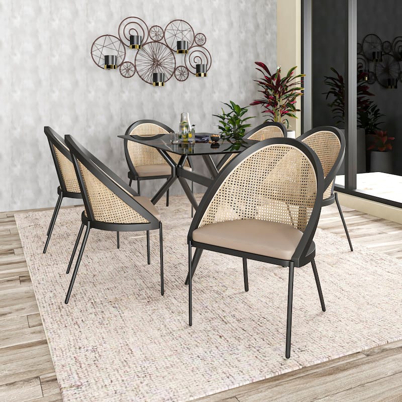 Urbane Modern Stylish Dining Chair with Leather Seat and Wicker Back for Dining Room & Kitchen