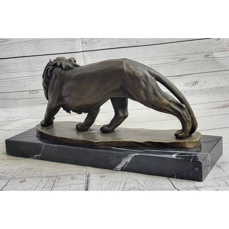 Male Lion Stalking Prey Bronze Sculpture Statue Signed Art On Marble Base