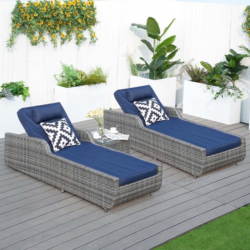 3-piece Patio Wicker Adjustable Chaise Lounge Set with Arms （Throw Pillow Not Include）