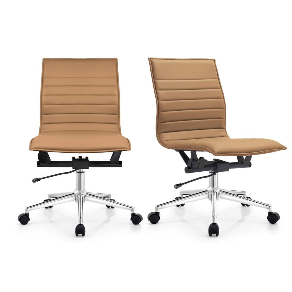Set of 2 Modern Office Chairs, Upholstered PU Leather Ribbed Armless Mid Back with Metal Frame, Adjustable Height, Tilt