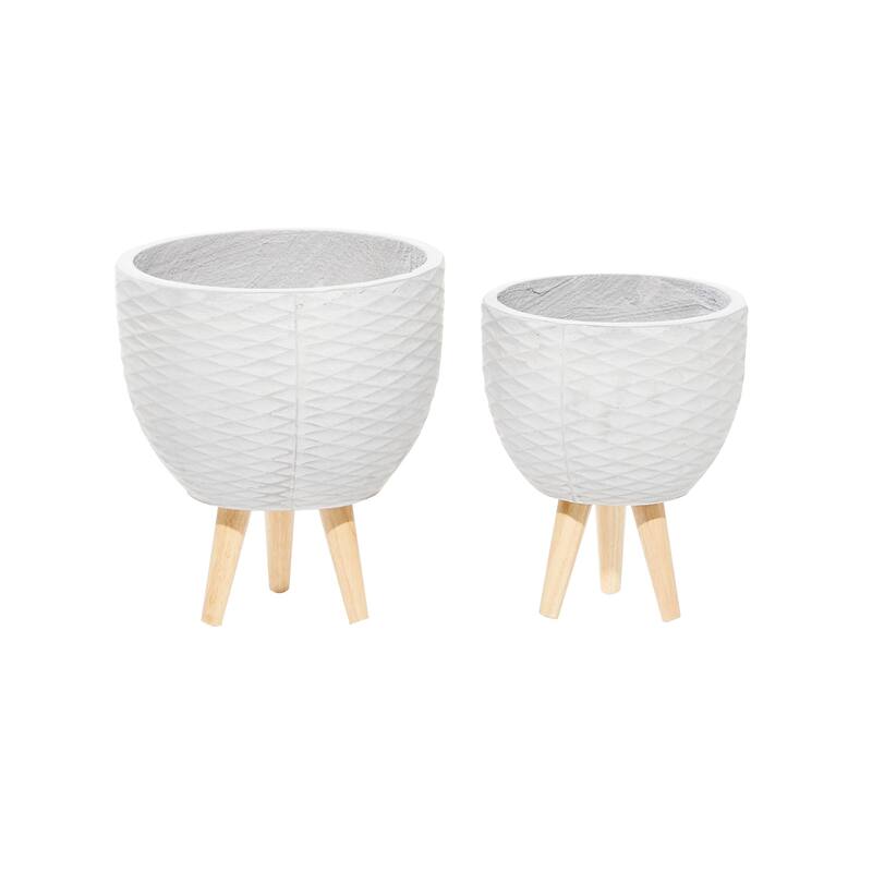 White or Gray Ceramic Indoor Outdoor Planter with Wood Legs (Set of 2)