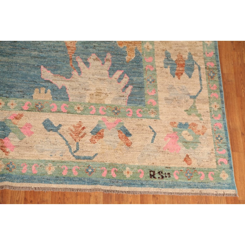 Vegetable Dye Blue Oushak Turkish Large Rug Hand-Knotted Wool Carpet - 10'5" x 14'0"