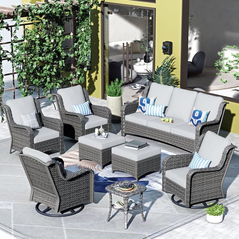 OVIOS 8-piece Rattan Wicker Patio Furniture Set Swivel Rocking Chair Set - Grey