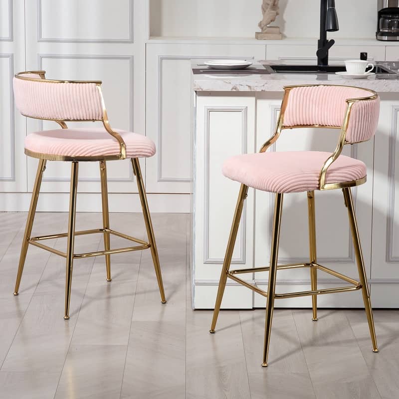 (SET of 2) 26'' Counter height bar stools Corduroy kitchen island counter bar stool with back,golden chromed base and footrest