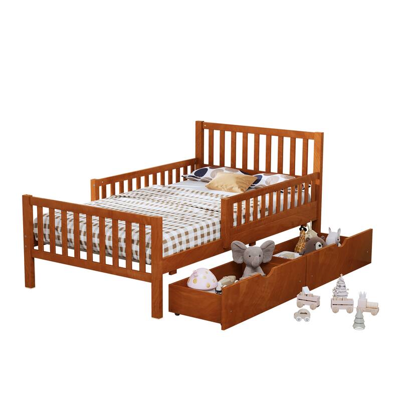 Platform Bed with Guardrails on Both Sides and Two Storage Drawers